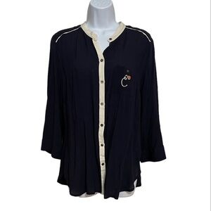 Anthropologie Maeve Embroidered Monogram Button Front Blouse
